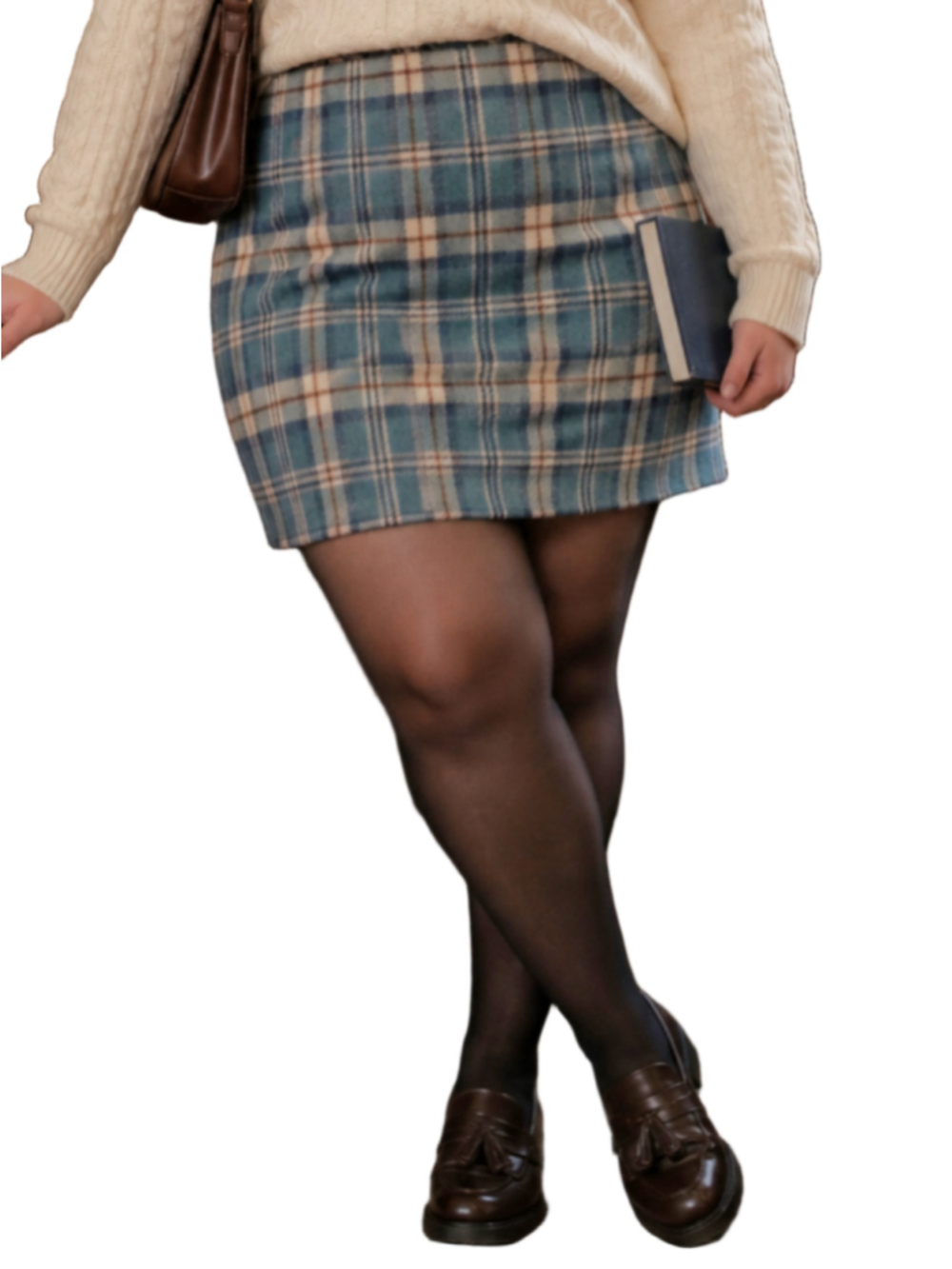 L.L. Bean "Favorite Fit" Plaid Wool Blend Pencil Skirt Teal Cream Size 20